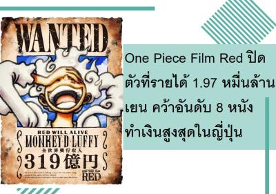 One Piece Film Red ปิดตัวที่รายได้ 1.97 หมื่นล้านเยน คว้าอันดับ 8 หนังทำเงินสูงสุดในญี่ปุ่น