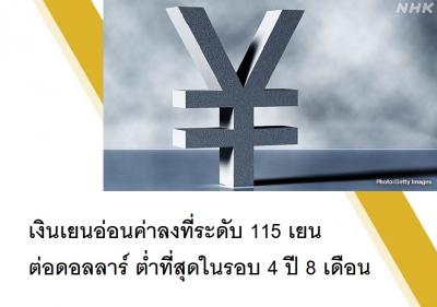 เงินเยนอ่อนค่าลงที่ระดับ 115 เยนต่อดอลลาร์ ต่ำที่สุดในรอบ 4 ปี 8 เดือน