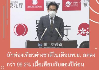 นักท่องเที่ยวต่างชาติในเดือนพ.ย.ลดลงกว่า 99.2% เมื่อเทียบกับสองปีก่อน