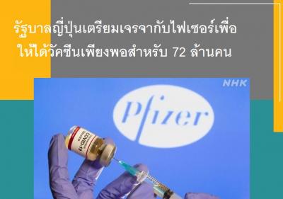 รัฐบาลญี่ปุ่นเตรียมเจรจากับไฟเซอร์เพื่อให้ได้วัคซีนเพียงพอสำหรับ 72 ล้านคน