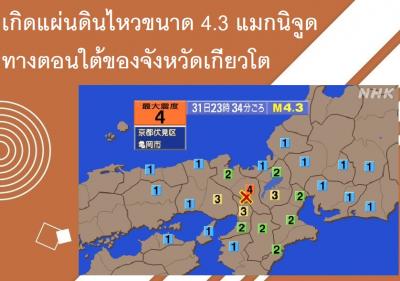 เกิดแผ่นดินไหวขนาด 4.3 แมกนิจูดทางตอนใต้ของจังหวัดเกียวโต
