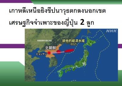 เกาหลีเหนือยิงขีปนาวุธตกลงนอกเขตเศรษฐกิจจำเพาะของญี่ปุ่น 2 ลูก